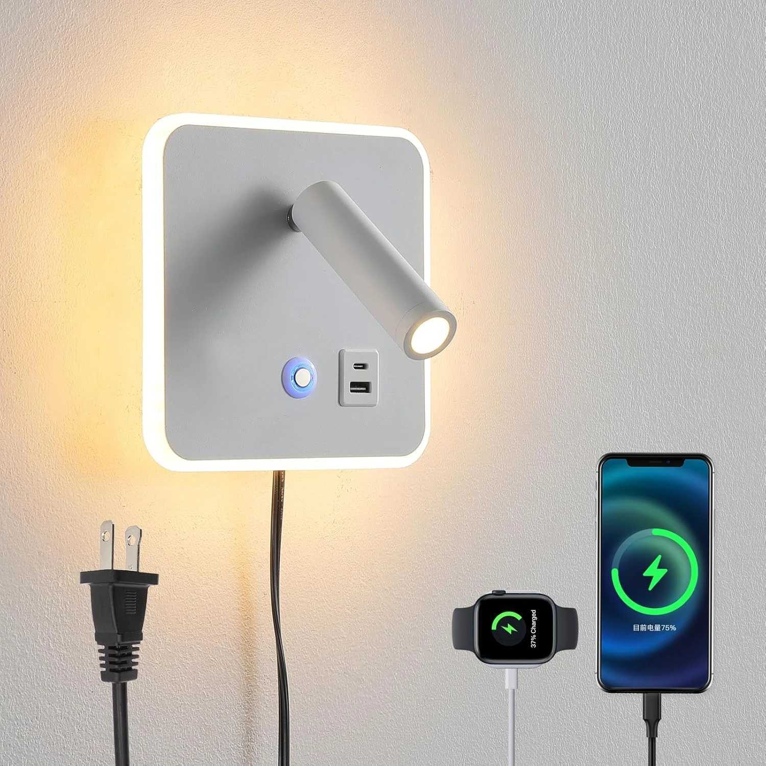 LED Wall Lamp USB Charging Indoor Bedroom Hotel Bedside Reading Lamp Wall Lights Multifunctional Touch Wall Sconces Night LightXJ250526