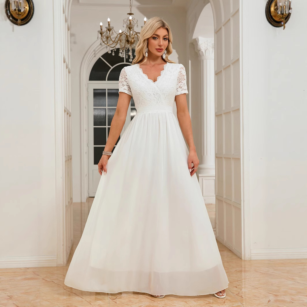 2025 lace edge splicing chiffon waist cinched long V-neck dress for wedding and evening dresses