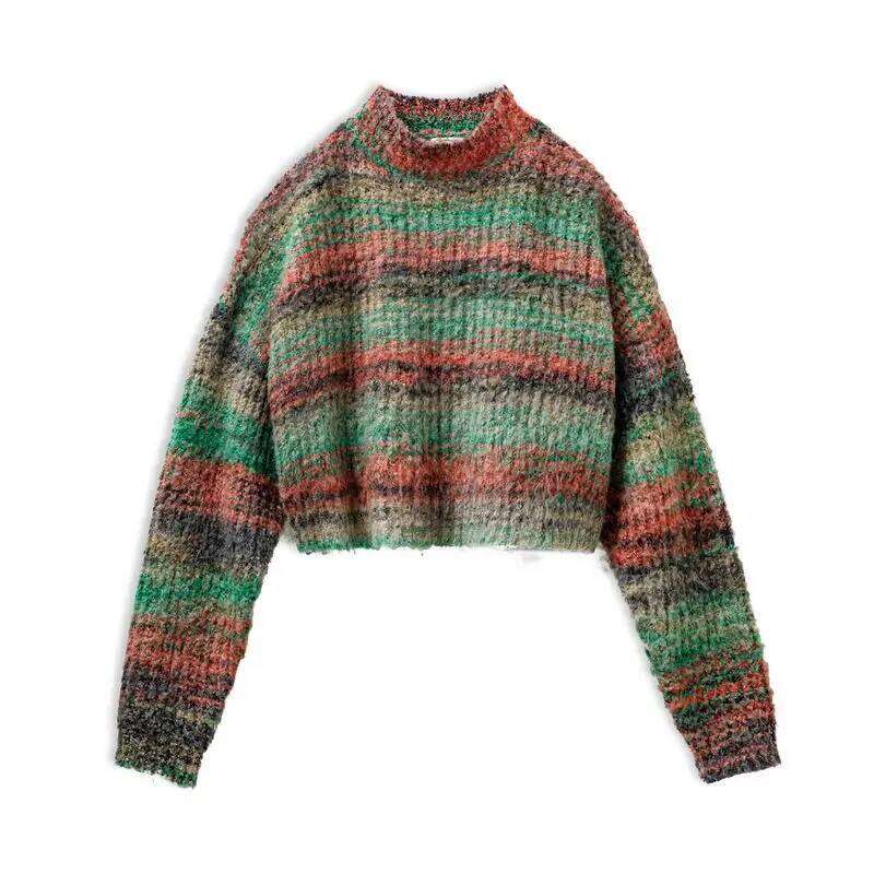 Maden Gradient Wool-Blend Knitted Sweater Vintage Crew-Neck Short Pullover Women's Versatile Top For Fall And Winter Knitwear