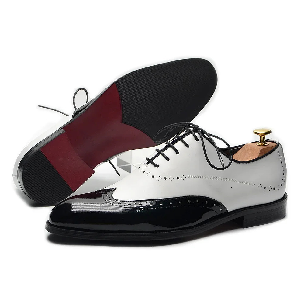 Formal Oxfords Shoes for Men White Black Real Cow Patent Leather Business Lace-up Wingtip Toe Brogue Wedding Mens Dress Shoes 250526