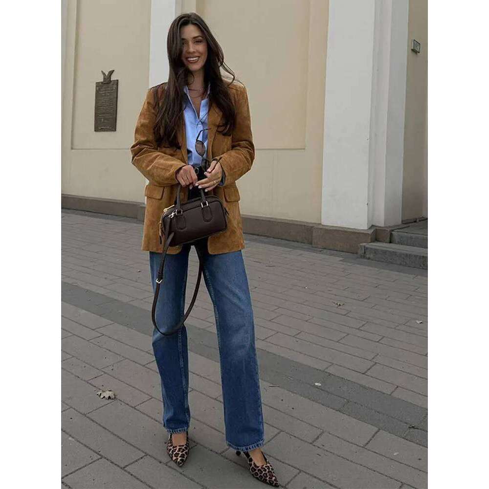 Vintage Suede Blazer Jacket Women Loose Lapel Long Sleeve Single Breasted Jackets 2025 Spring Lady Fashion High Street Coats New