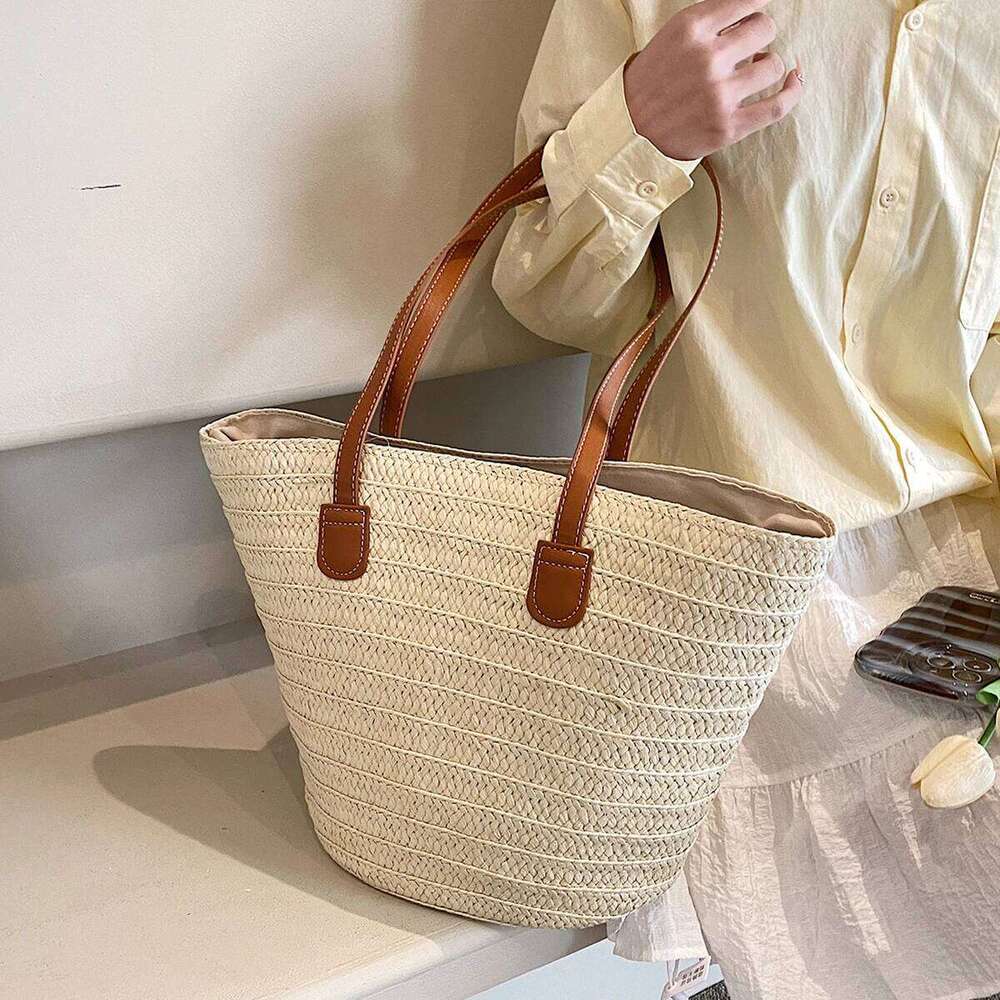 2025 Summer New Style Large Capacity Shoulder Beach Vacation Woven Basket Tote Women's Design Bag Fashionable
