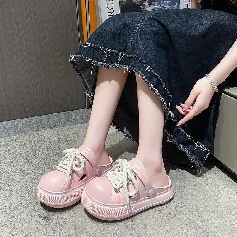 Summer Fashion Trend Lace Up Slippers Outdoor Baotou Beach Sandals EVA Flat Shoes Comfortable Breathable Clogs Soft Slippers 250526