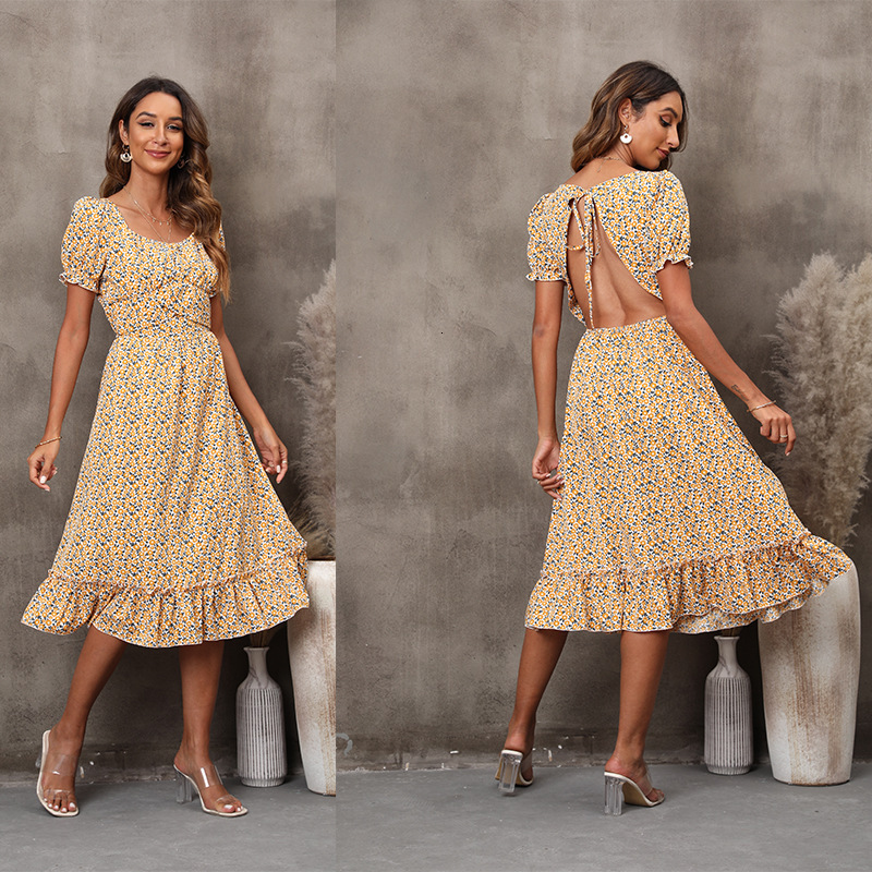 Spring/Summer New Womens U-neck Short Sleeve Floral Dress with Open Back