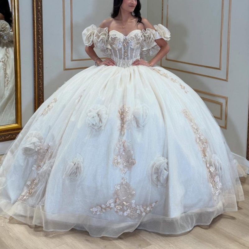 Light Champagne Quinceanera Dresses Ball Gown Off The Shoulder Applique Flowe Beading Tull Party Birthday Sweet 16 Dress Vestidos