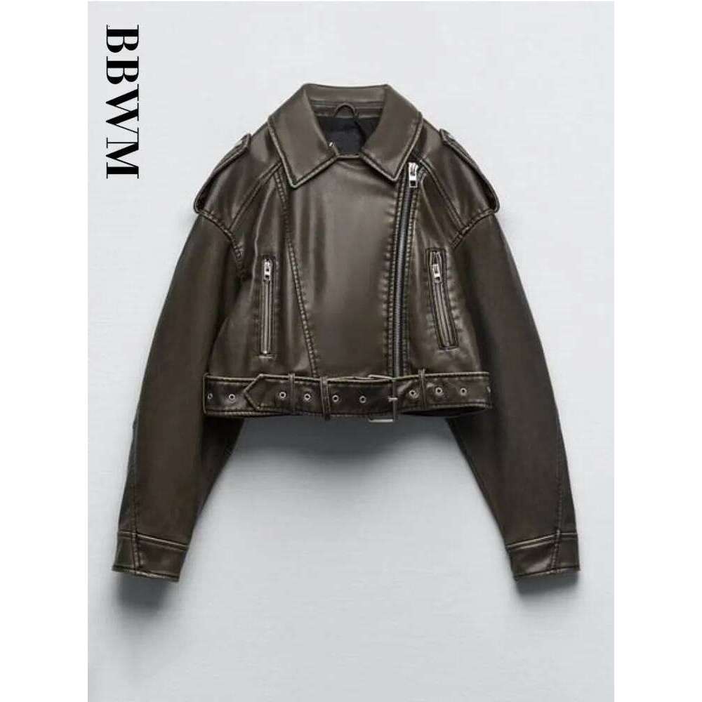 TRAF PU Retro Zipper Belt Motorcycle Street Women's Jacket 2023 Spring New Chic Short Long Sleeve Slim Fit Female Tops