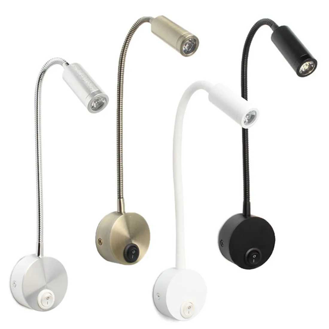 Bronze 3W LED Reading Light Black White Silver Gooseneck Wall Lamp for Bed Headboard Desk 4000K Bedside Switch LED Night LampXJ250526