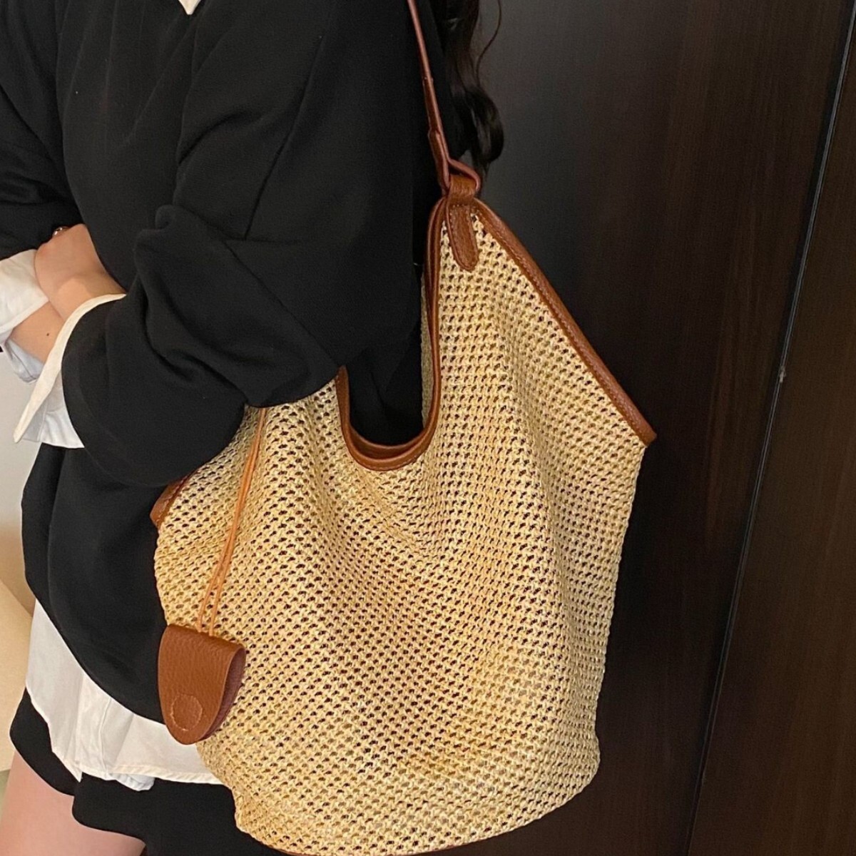 Korean Style Summer Textured Straw Woven Bag for Women 2025 New Beach Handbag Large Capacity