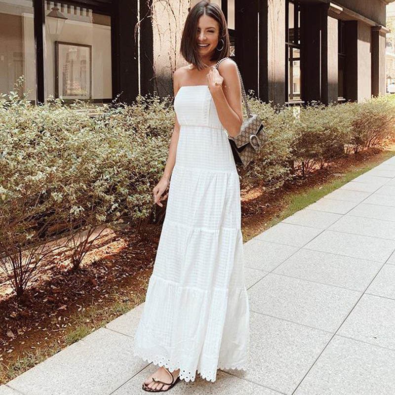 Womens Dress New Summer Sexy Chest Wrap Sleeveless Dress White Beach Dress