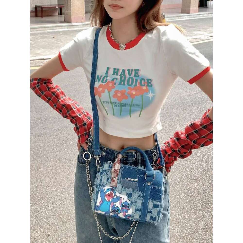 New Cartoon Denim Shoulder With Hole Splicing Crossbody Portable Pillow Bag