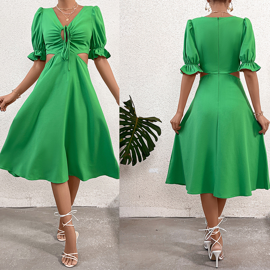 Summer new solid color elegant dress with a niche design style and lace up mid skirt