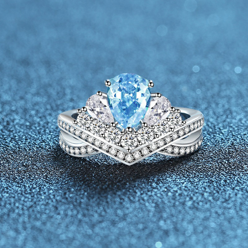 925 Sterling Silver Waterdrop Shape Ring with Sea Blue and Pink 5A Zirconia, Elegant and Fashionable Low-Key Jewelry for Women