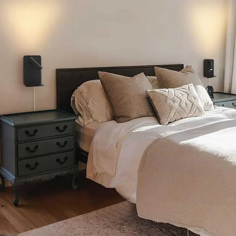 LED Wall Lamp With Switch Indoor Bedside Lamp Bedroom Wall Sconce Surface Mounted Reading Light Flexible USB Port Phone ShelfXJ250526