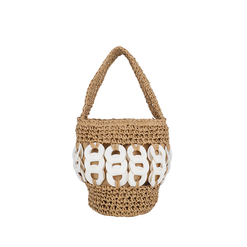 2025 New Handheld Crochet Copper Coin Buckle Bucket Personality Trendy Versatile Straw Bag
