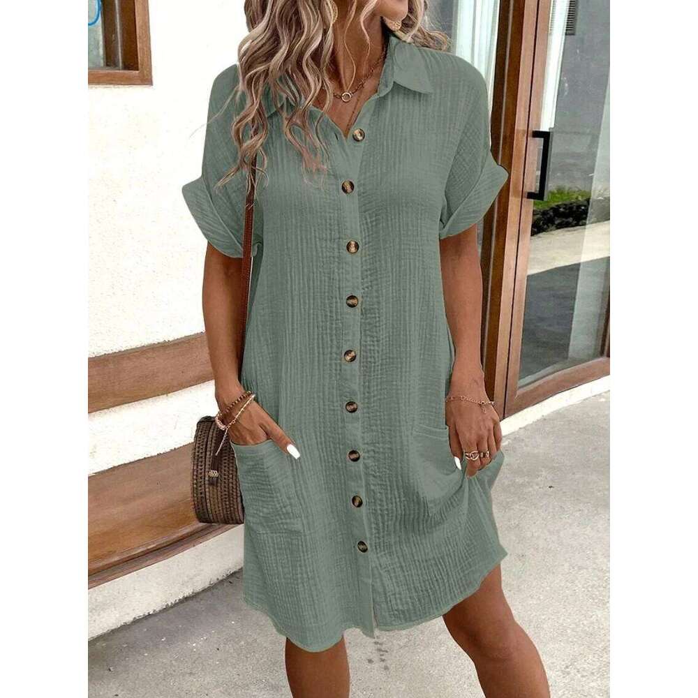 Hot Tight Dresses Vintage Women Solid Mini Summer Fashion V Neck Three Quater Sleeve Cotton Linen Dress Ladies Casual Holiday Vestidos Casual Knee Len