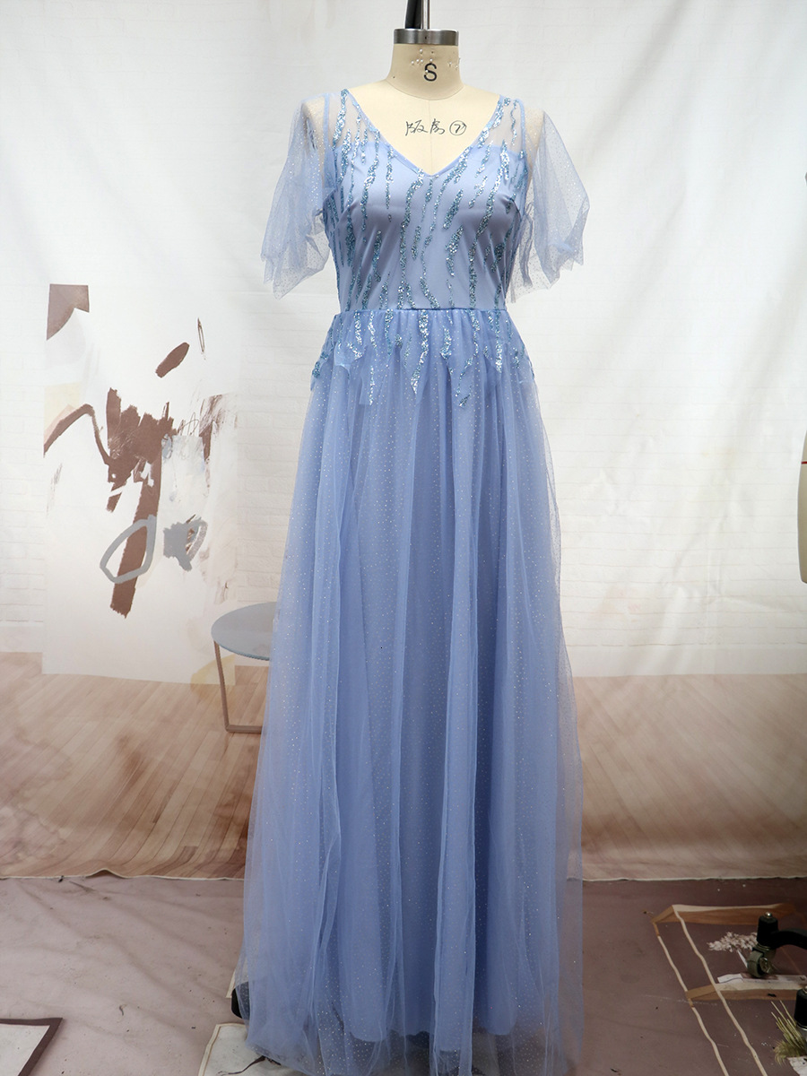 Womens V-neck sequin gilded waistband simple new bridesmaid dress long skirt