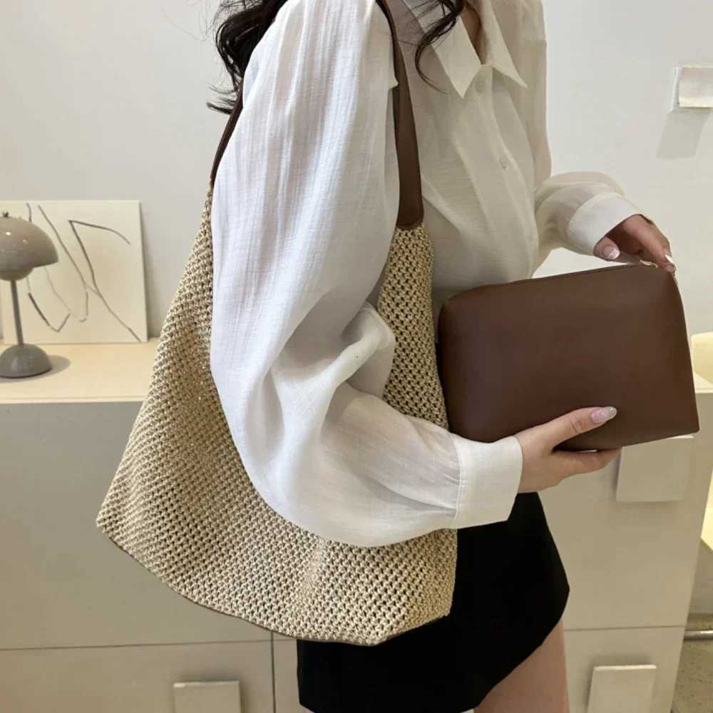 Travel Beach Straw Bag Rattan Woven Handmade Knitted Summer Beach Bag Straw Large Capacity Women Shoulder Bags Handbag Shopper W250524
