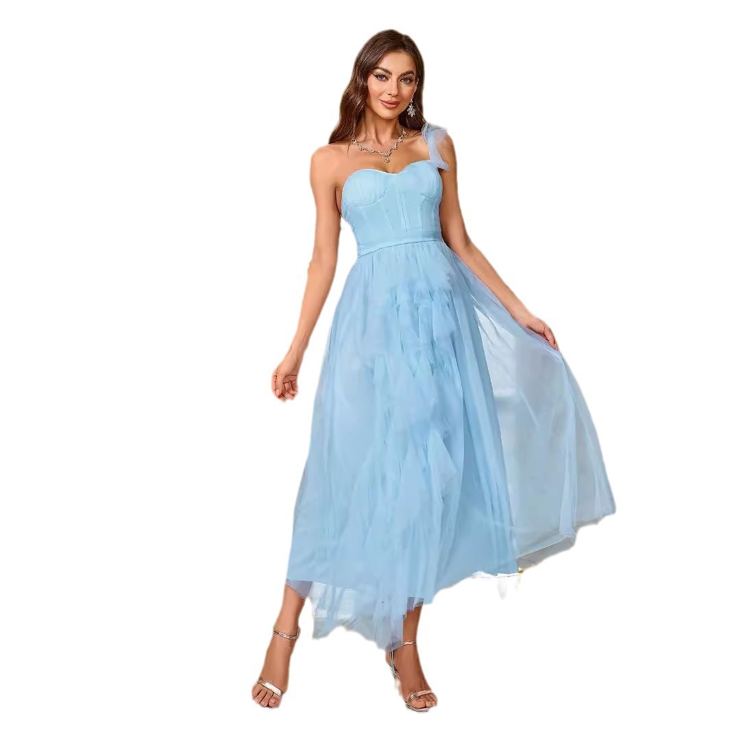 Summer new collection waist solid color mesh skirt school round style dress continues to be in bulk