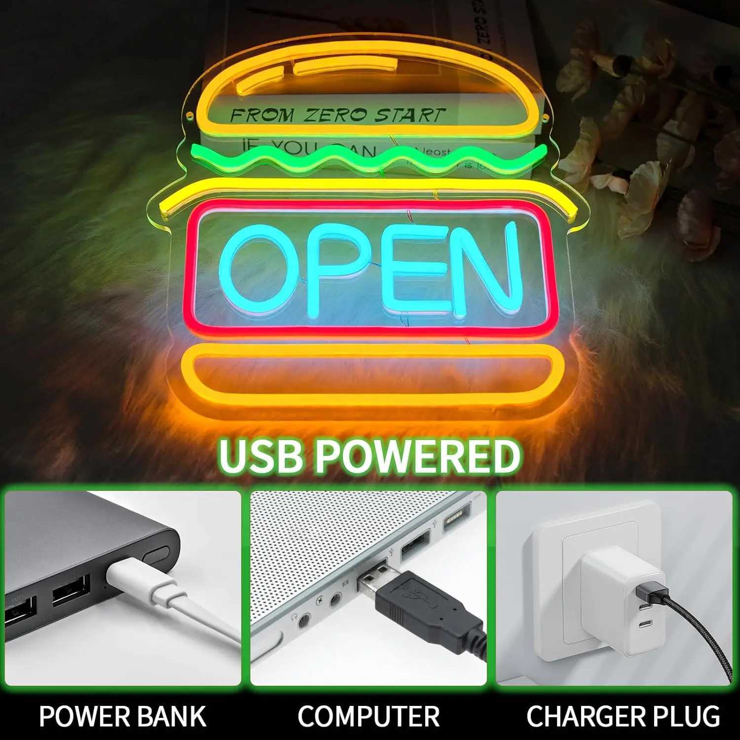 Burgers Open Neon Sign for Wall Decor LED for Business Food Neon Light Room Decor for Bar Party Snack Shop Restaurant Gift W250526