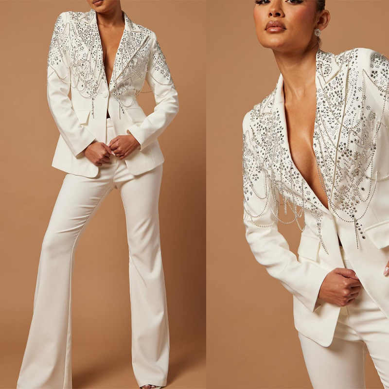 Fashion Beading Mother Suits 2 Piece Set Jacket Pants Women Coat Single Breasted Ladies Party Suit Customized
