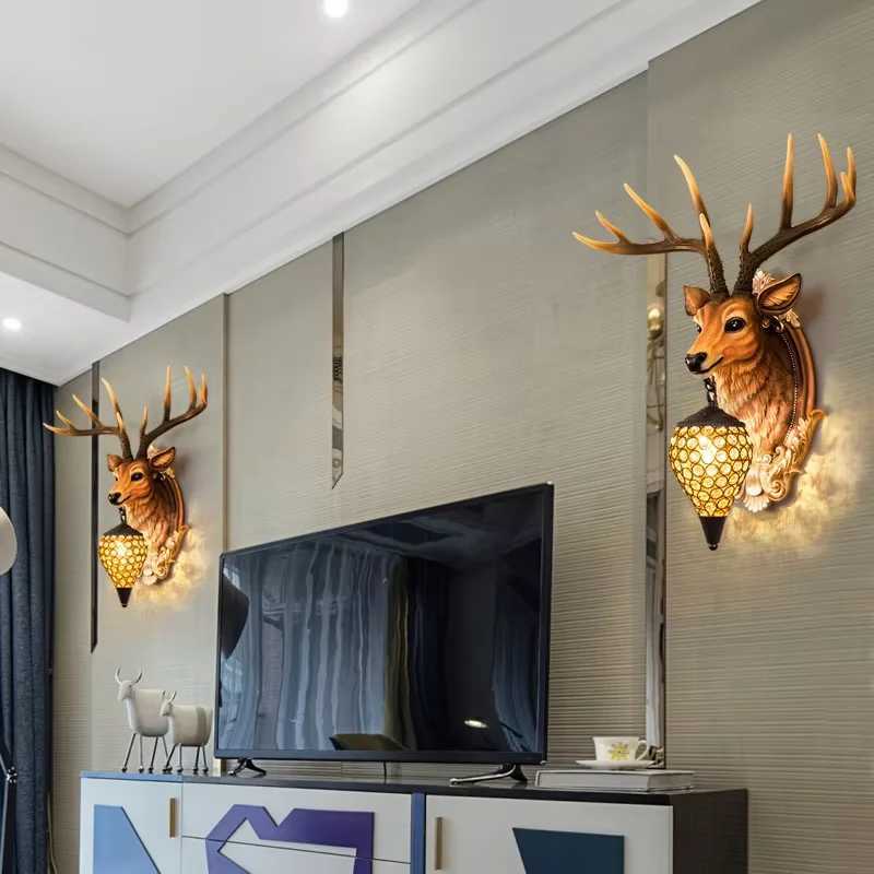 Creative Design Deer Head Wall Lamp Europe vintage rustic led wall light Luxury Living Room Bedroom Hallway wall decorationXJ250526