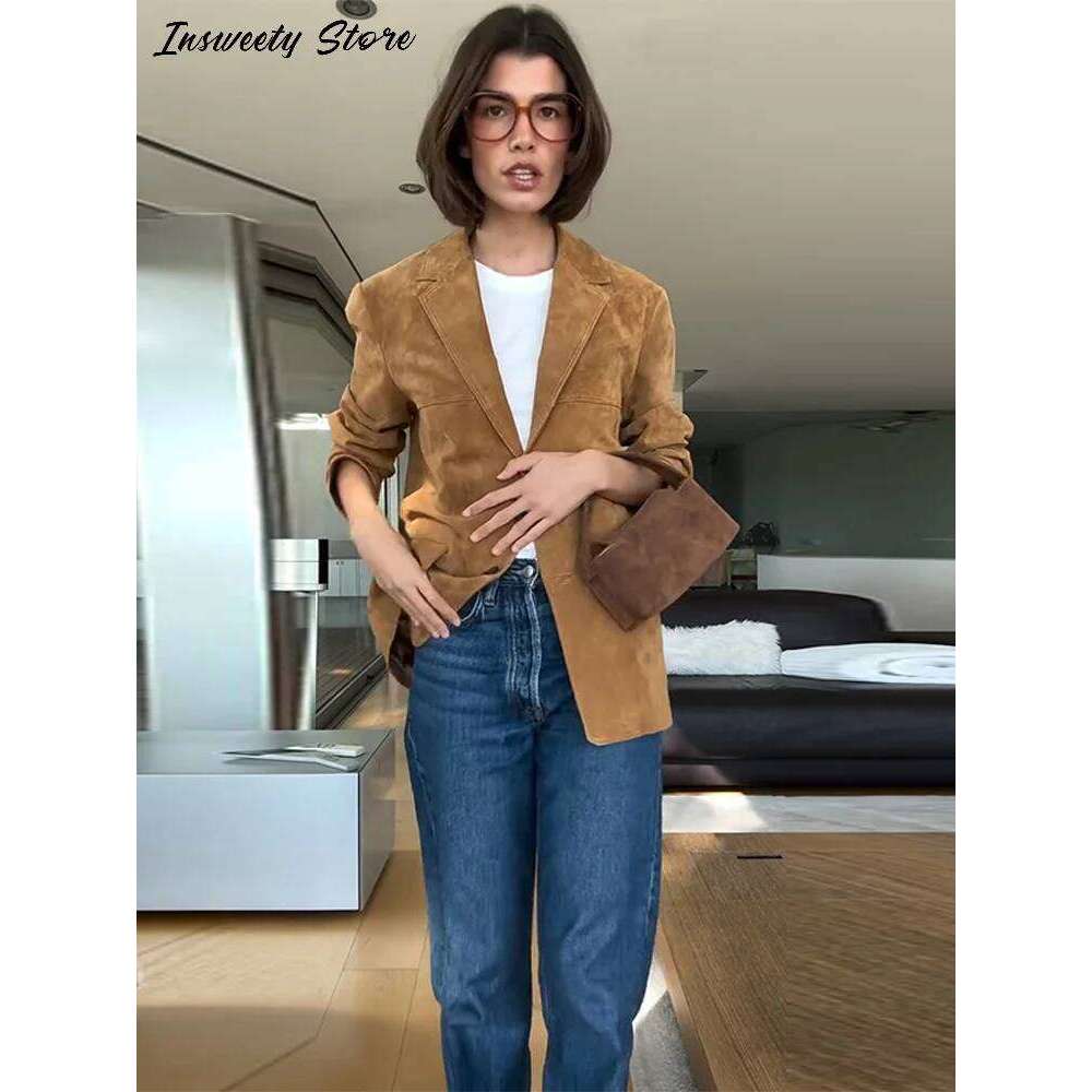 Fashion Suede Khaki Jacket Women's Single Breasted Lapel Buttons Pockets Full Sleeve Coats 2025 Spring Lady Vintage Streetwear