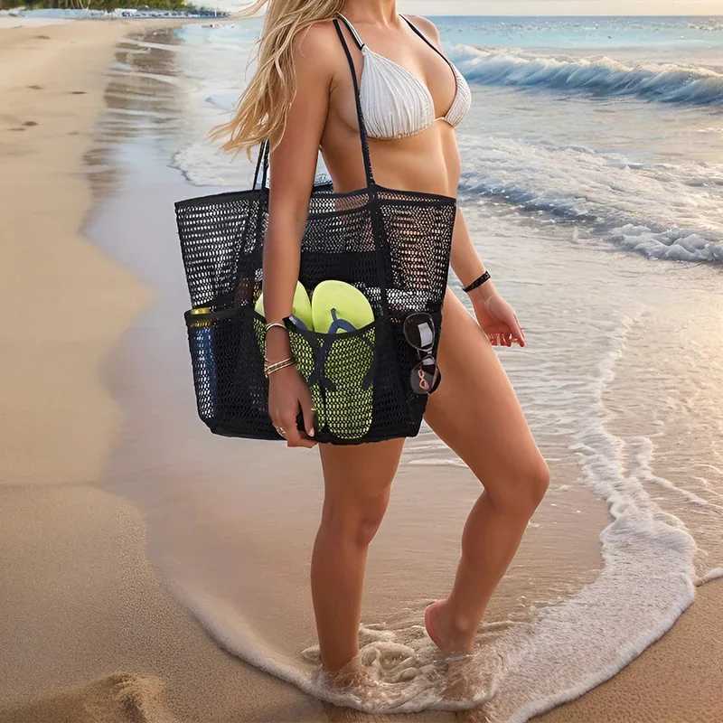 Summer Fashion Beach Bag Hollow Out Womens Shoulder Tote Bag Large Capacity Foldable Mesh Swim Bag with Pocket Shopping Pack W250524