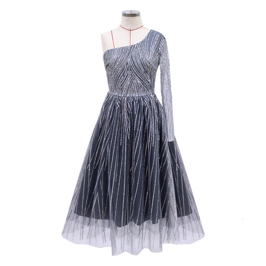 New Dress One Shoulder Sleeves Slim Fit Dress Iron Silver Dress