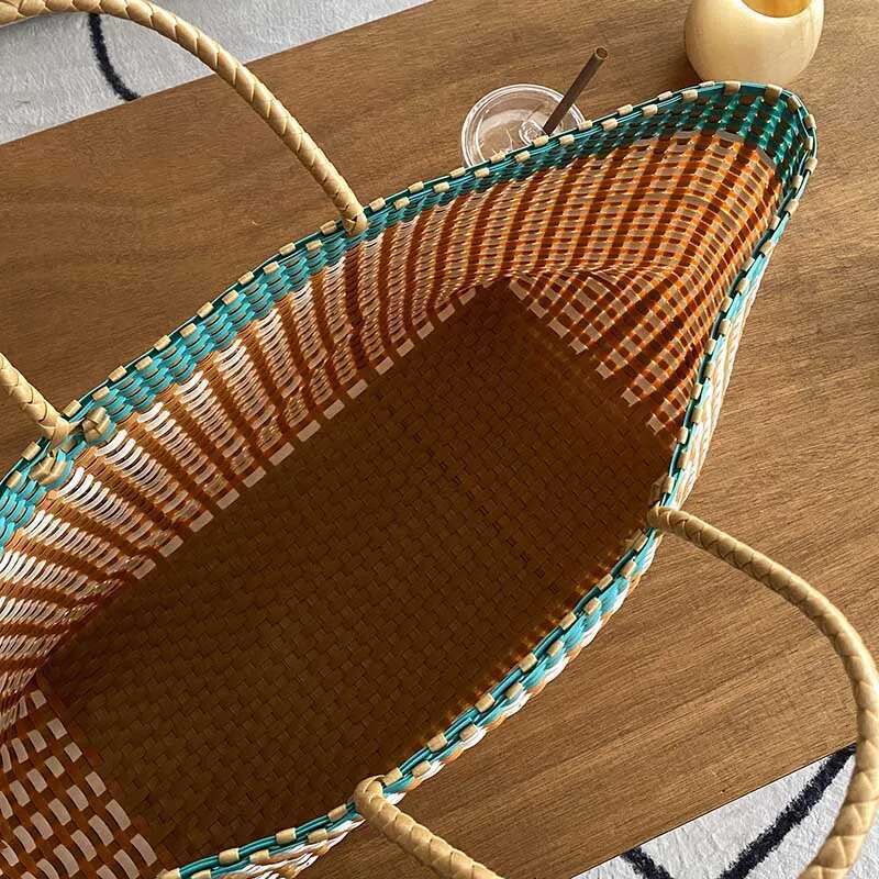 Hylhexyr Woman Beach Bag Color Block Large Capacity Vegetable Basket Tote Bags Hand Woven Handbag bag
