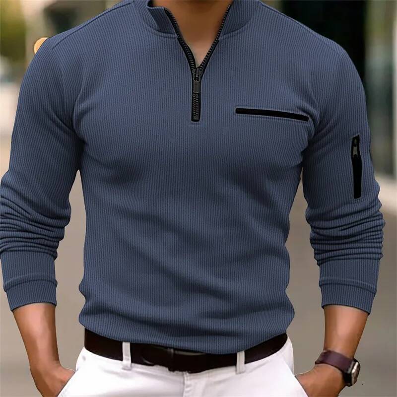 New light mature casual sports retro style striped zipper arm fashion men outdoor long sleeve POLO shirt