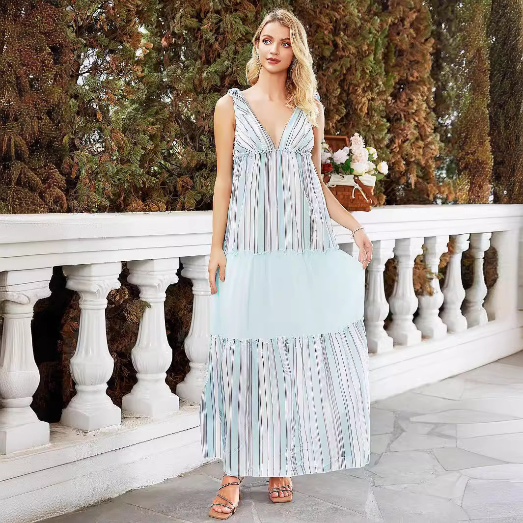 New womens sexy V-neck sleeveless dress with loose hem