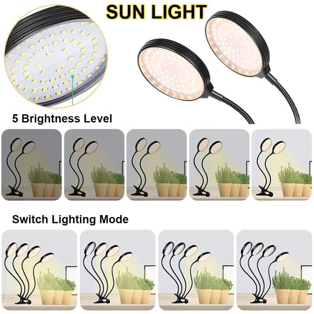 1/2/3/4 Heads LED Plant Grow Lights Dimmable Full Spectrum Phyto Lamp with Clip Auto On/Off Timer Indoor Flower Veg Growing LightXJ250526