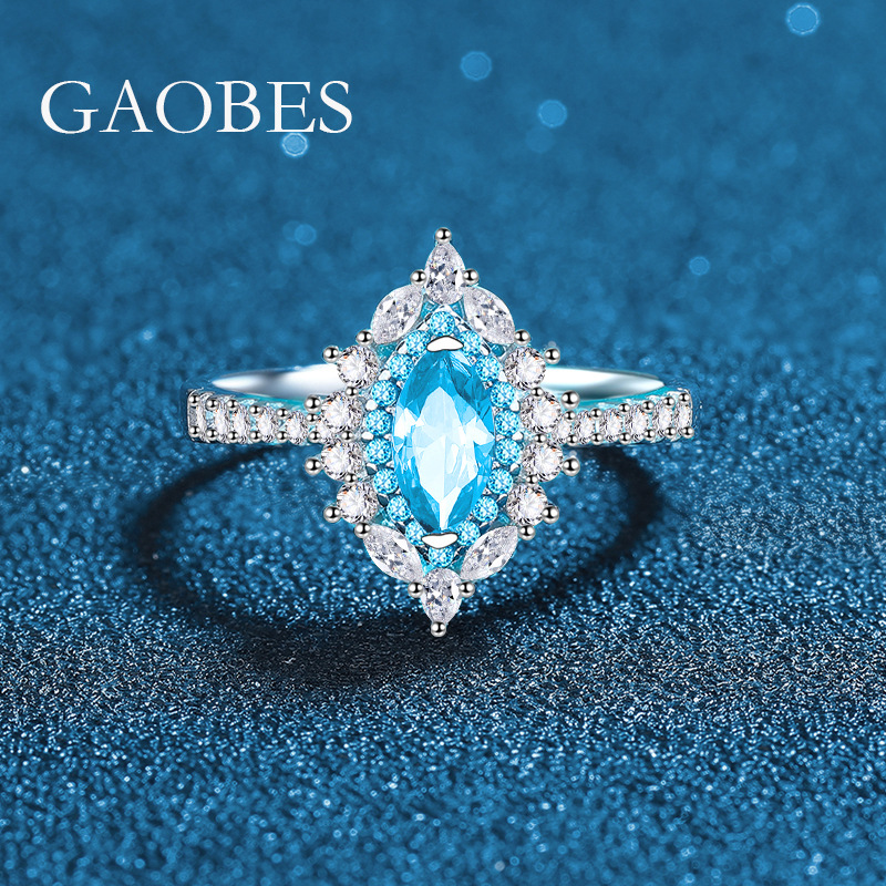 Luxury 925 Sterling Silver Sea Blue Marquise Gemstone Ring for Women, Elegant Design with High-End Finish, Perfect for Special Occasions