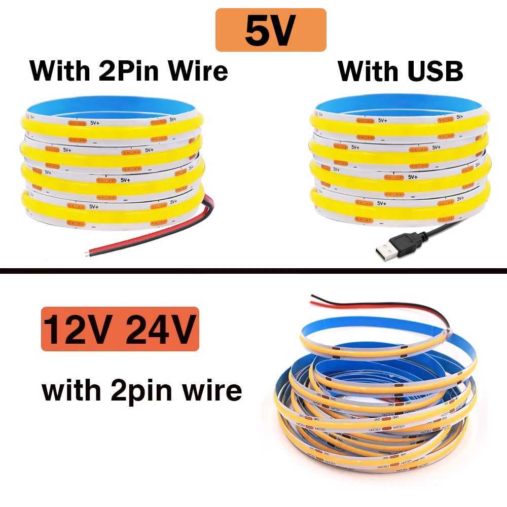 5V 12V 24V COB LED Strip 8mm PCB Width 320LEDs/m Warm Nature White Red Green Ice Blue Yellow Pink Flexible Tape for Room Decor W250526