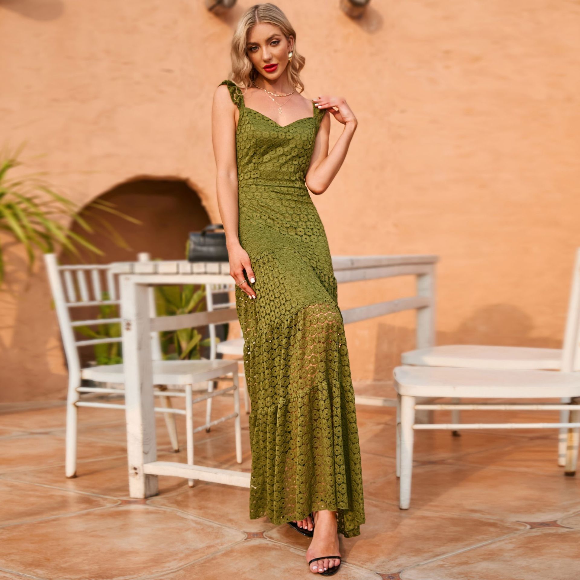 Summer New Strap Sleeveless Slim Fit Green Dress High Waist Long Dress Womens New Style