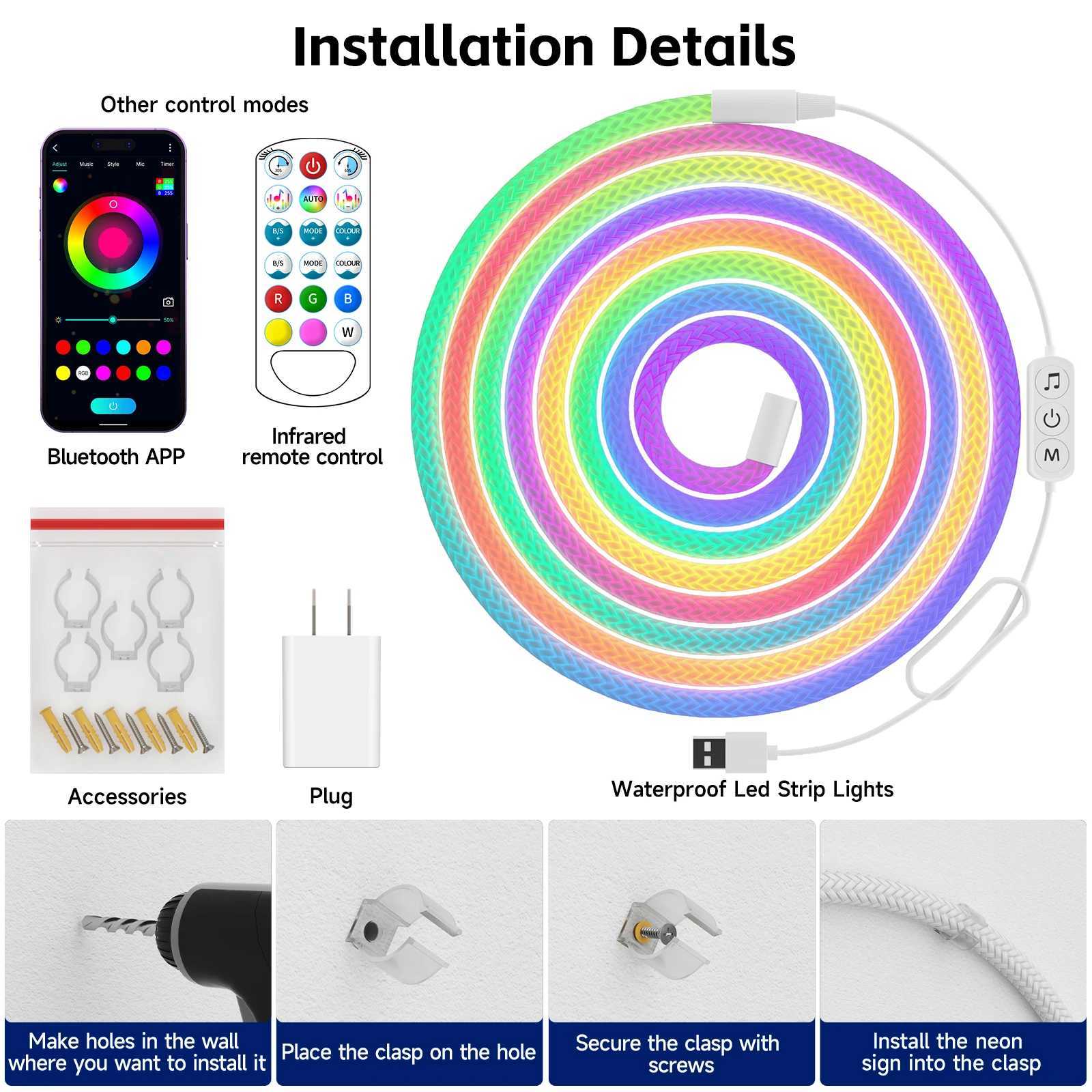 RGBIC Flexible Silicone LED Light Strip 5V Waterproof IP67 Round Reticulate Pattern 360 Degree Neon Glow Smart Rope Light W250526