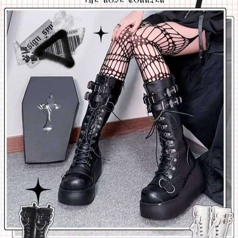 Motorcycle Platform for Women Wedges Knee High Black Lace Up Fashion Goth Gothic Boots Punk Shoes Girls Winter