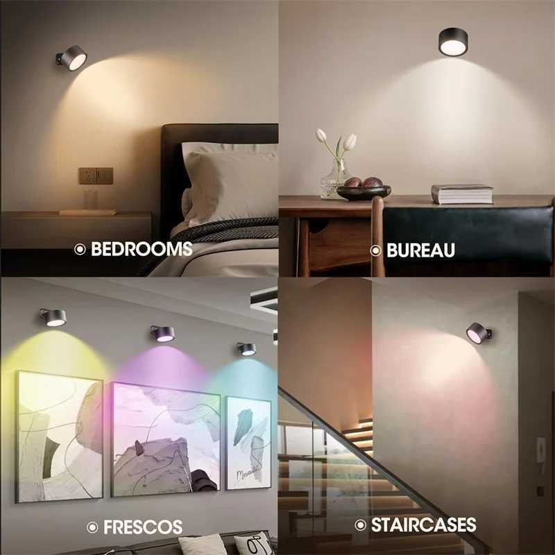 LED Wall Mounted Lights with Remote Wireless Magnetic Wall Sconces RGB Dimmable USB Rechargeable for Bedroom Bedside Night LightXJ250526