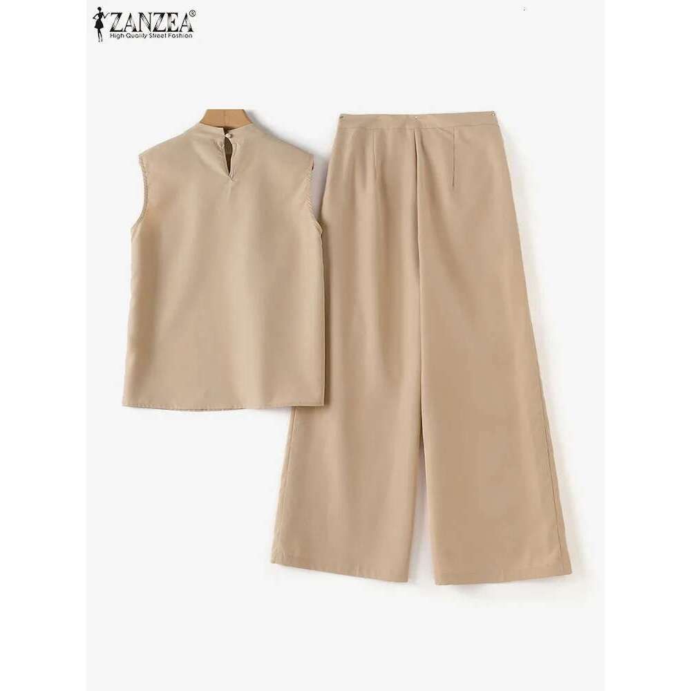 Elegant Women OL Work Wide Leg Trousers Suits Solid Tracksuit 2024 ZANZEA Summer Sleeveless Blouse Casual Pants Sets 2Pcs
