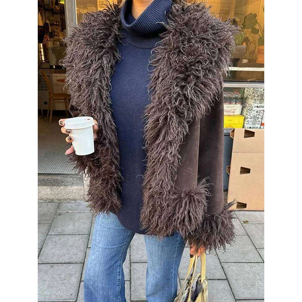 Vintage Solid Faux Fur Jackets Women Casual Plush Lapel Open Coats Female Autumn Winter Trendy Elegant Warm High Street Outwear