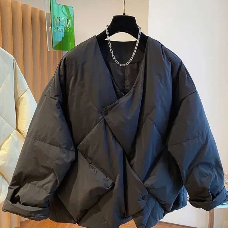High-End Design Niche Ovesize Parkas Casual A-Line V-Neck Padded Men Women Winter Simple Dia Pattern Warm Down Jacket