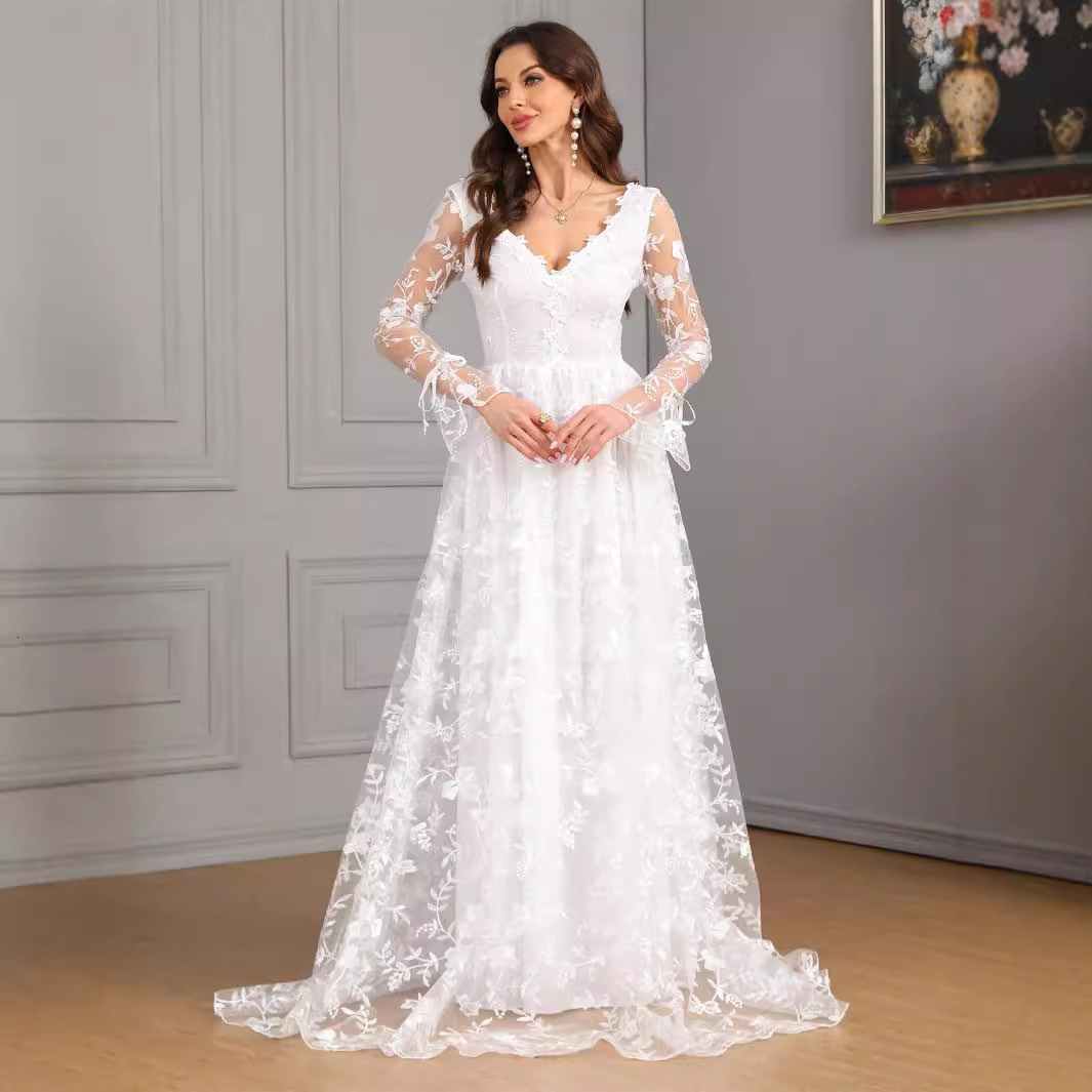 New womens clothing for autumn and winter long sleeves V-neck big hem trailing lace dress wedding dress