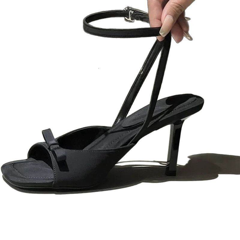 French white square toe high-heeled shoes with a straight strap for women's outdoor wear, 2025 summer new style, slim heel bow sandals Ddmysaturn