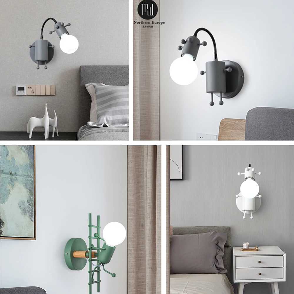 Modern LED Wall Lamp Nordic Cartoon Doll Wall Lights American Creative Metal Robot Sconce for Kids Baby Room Living BedroomXJ250526