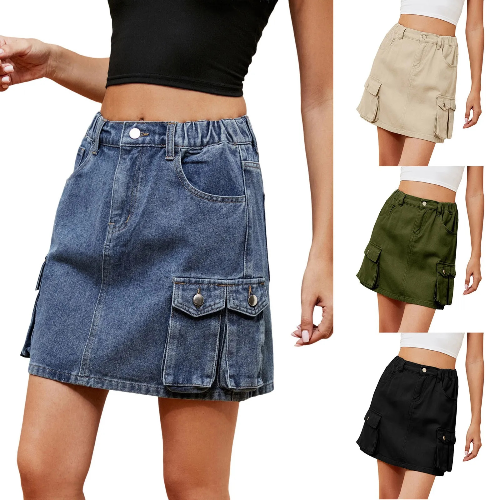 Korean Fashion Female Clothing Skirt Women Soft Hip Hugging Denim Elastic Waist Cargo Pocket Femme 250516Z