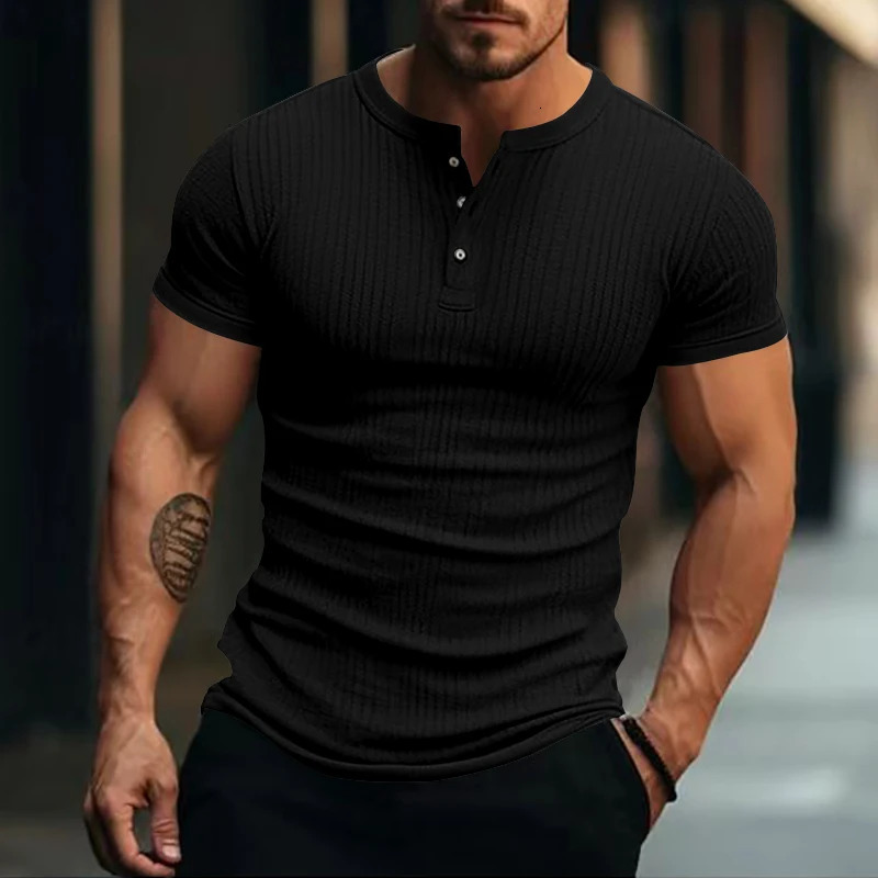 Mens Stylish Stripe Knit Tshirt Fashionable Henley Neck Short Sleeves Soft Breathable Perfect Comfy Tops for Leisurewear 250526