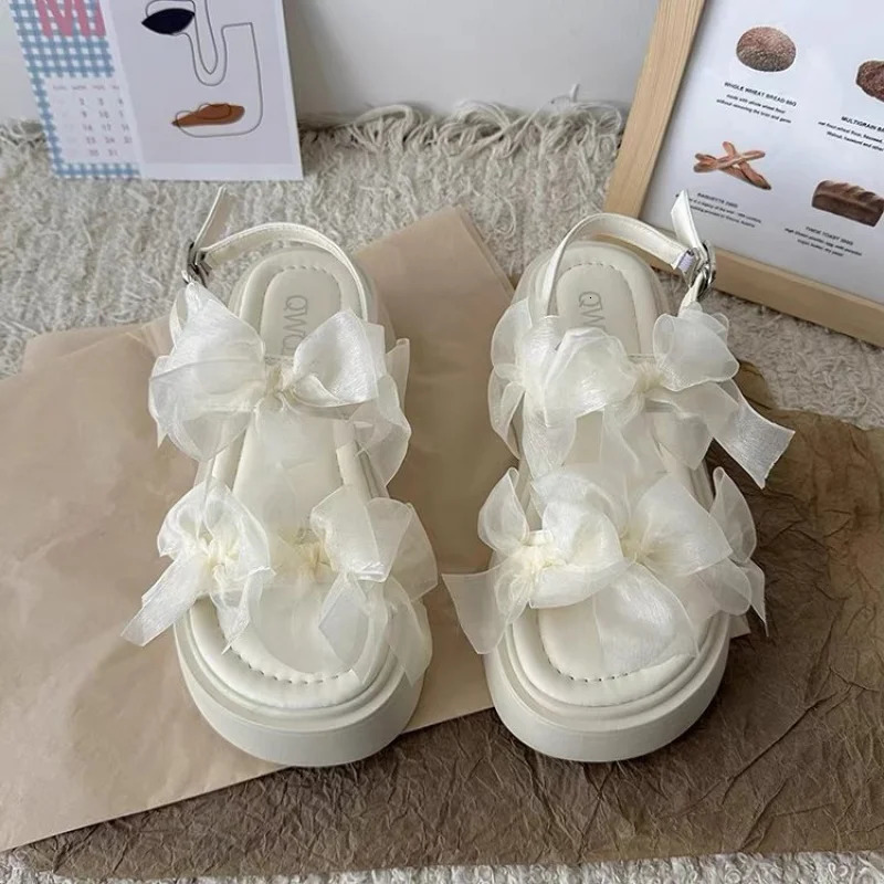 Womens Layered Bow Platform Sandals Thick Cushioned Sole with Adjustable Ankle Buckle for Summer Casual Wear 250526