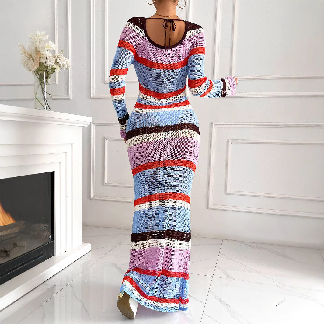 Colorful contrasting one cut collar lace up hollow out backless beach long sleeved knitted striped vacation dress with no inner layer