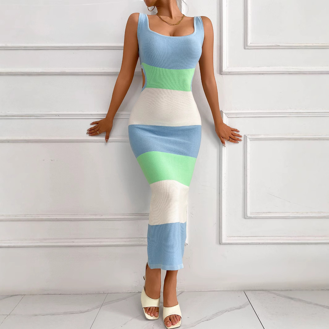 2025 Spring/Summer New Colorful Stripe Contrasting Sleeveless Bareback Strap Slimming Resort Beach Woolen jumpsuit