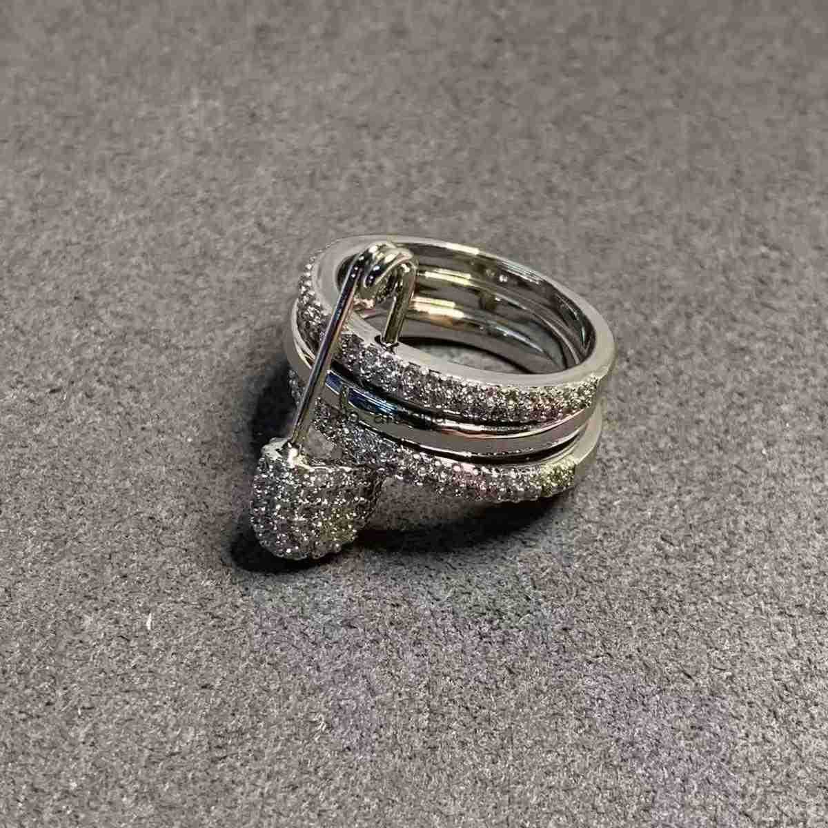 Diamond Lapel Pin Ring Tricolor KGold Paperclip Design with Full Diamond MultiCircle Accents L251027